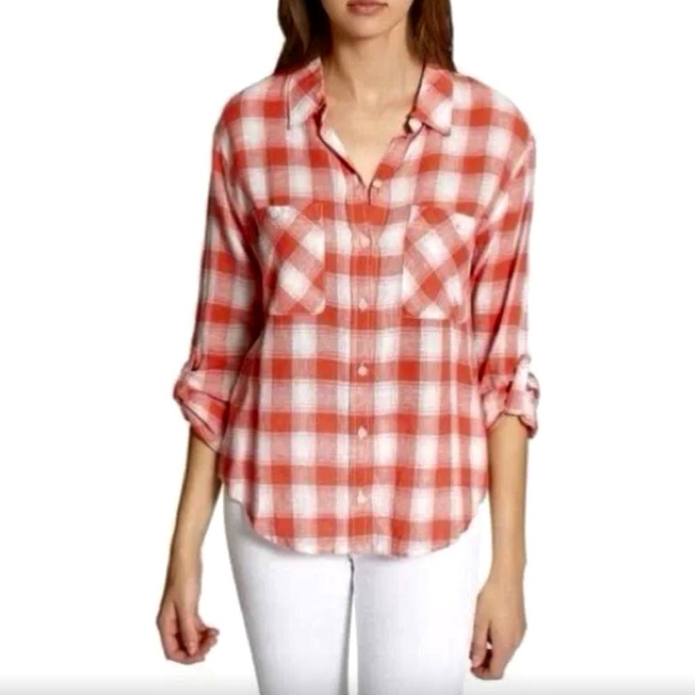 SOLD Sanctuary Plaid Boyfriend Linen Button Front Shirt Size Medium - Picture 2 of 9